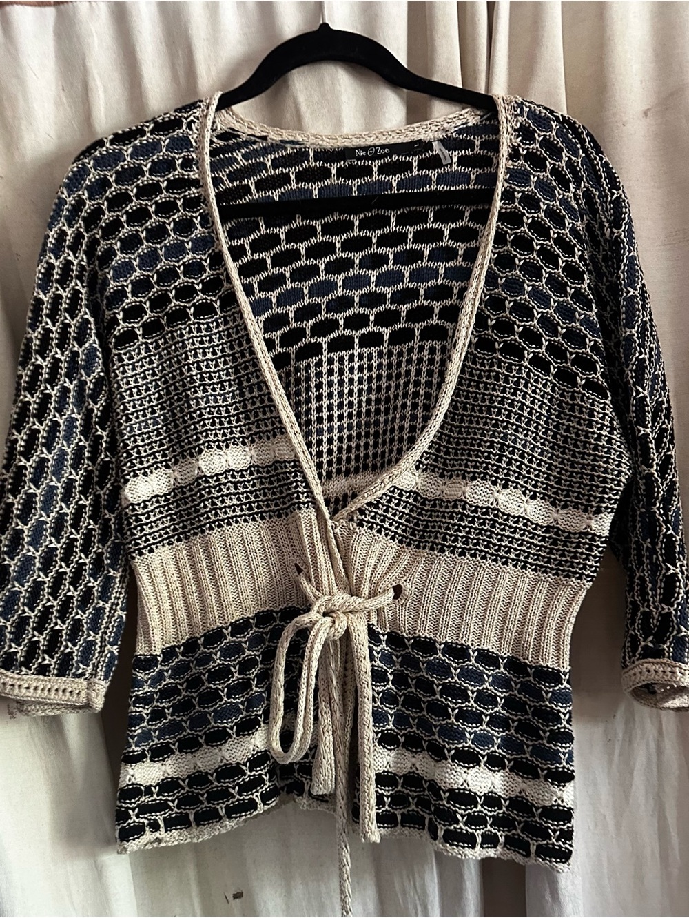 NIC+ZOE Mosaic Knit Cardigan Sweater V-Neck Tie Front Black Blue Women’s L